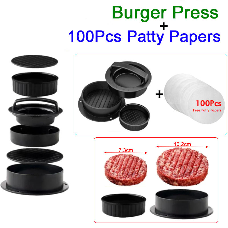 Hamburger Maker Press With 100 Patty Papers Round Non-Stick Meat Beef Grill Burg