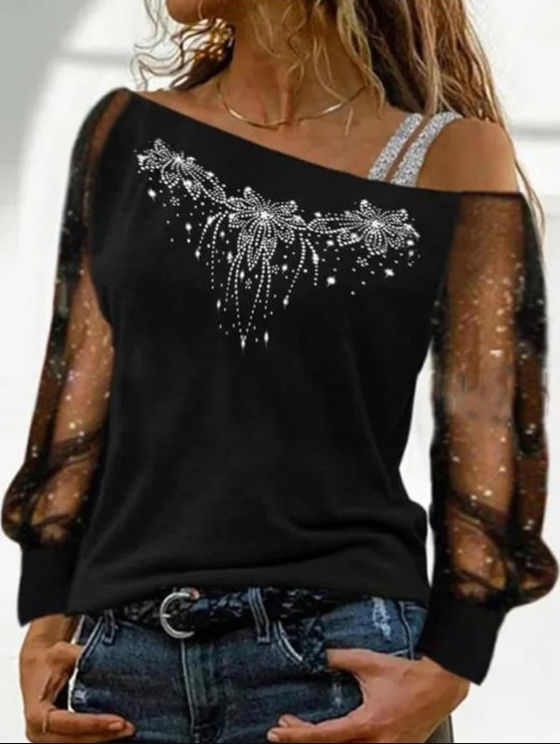 Thumbnail: Women New Fashion Casual Diagonal Collar Long Sleeve Tops Ladies Sexy Off Should
