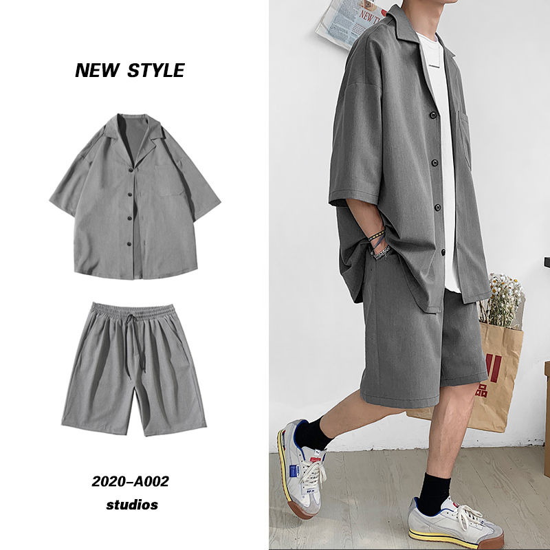 Thumbnail: Summer 2 Piece Set Men Suit Jacket and Shorts Oversized Clean Fit Male Clothes K