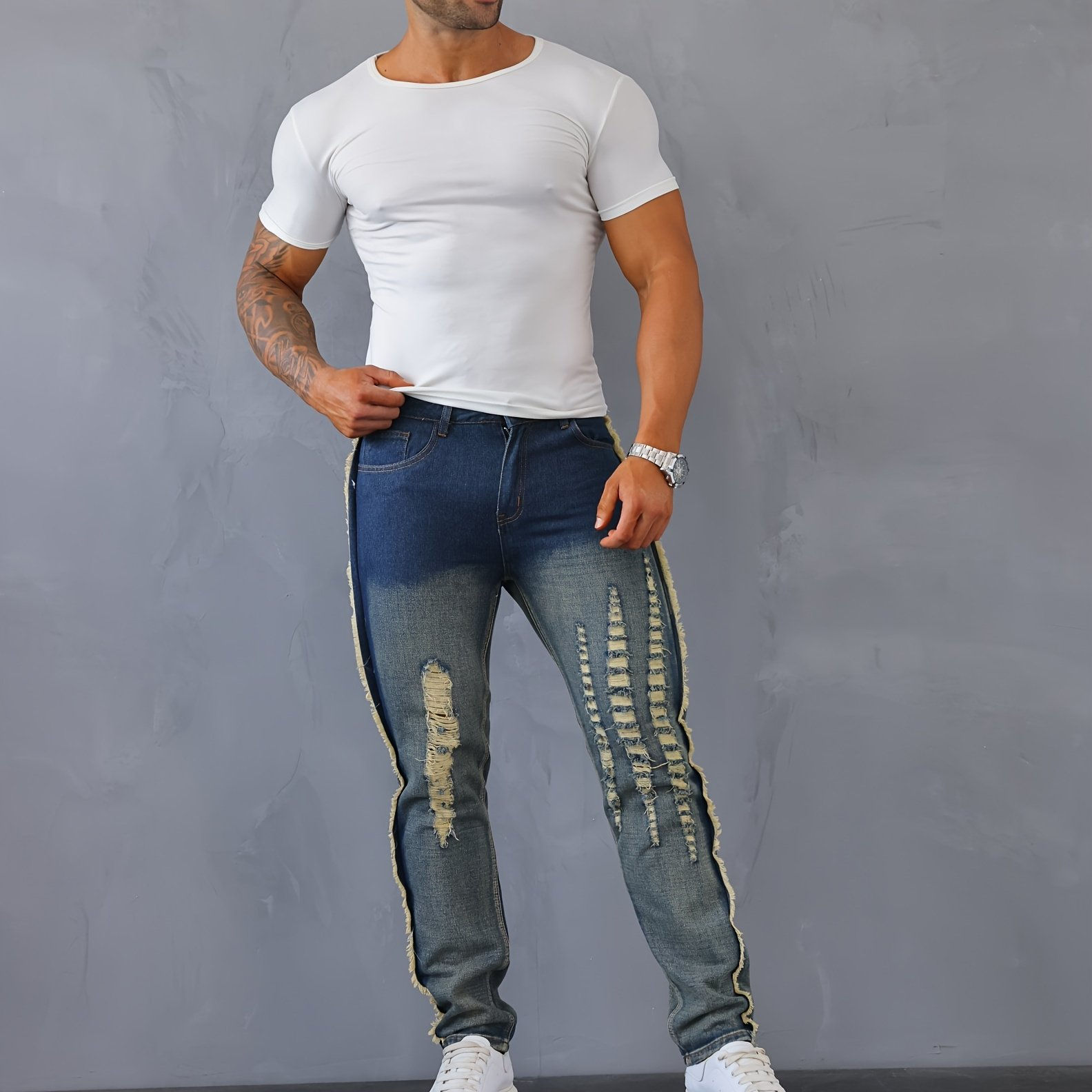 Men's Fashion Denim Jeans - Distressed Holes, Gradient Color Design, Casual Wear