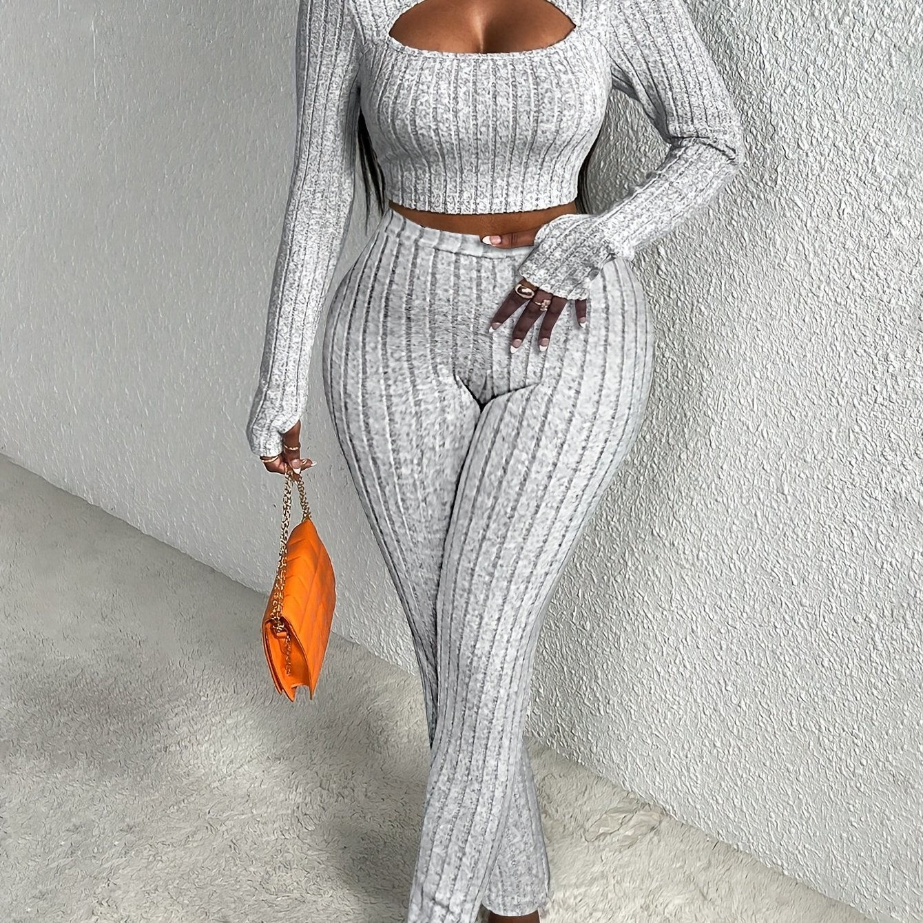 Sexy Solid Color Two Piece Set, Cut Out Mock Neck Slim-Fit T-shirt & Skinny High