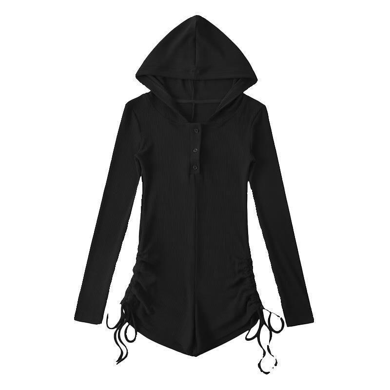 Thumbnail: Wasteland Style Black Hooded Rompers for Women's Summer Thin Long Sleeve Drawstr