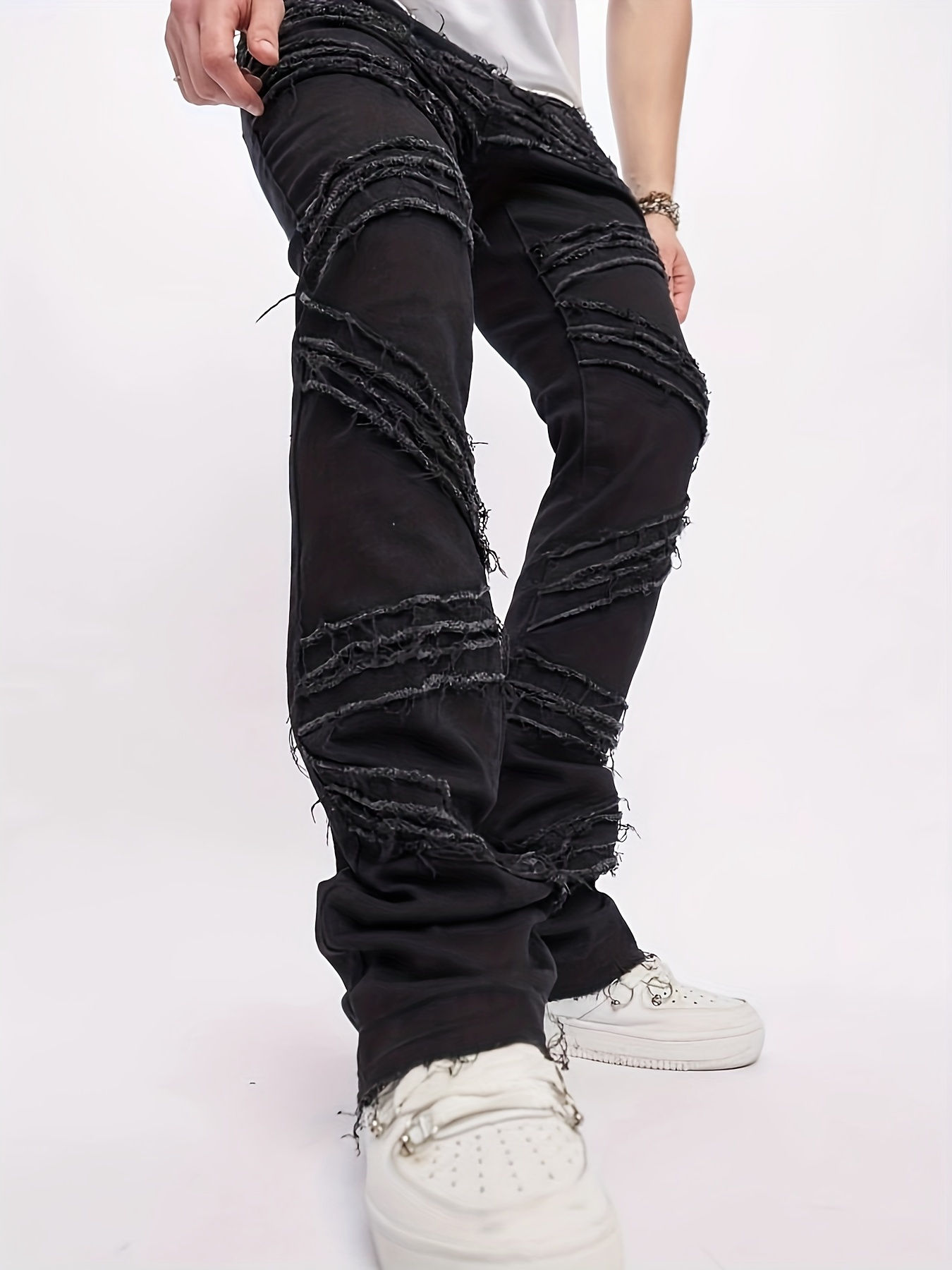 Hip Hop Style Jeans With Creative Tassels, Men's Casual Street Style High Stretc