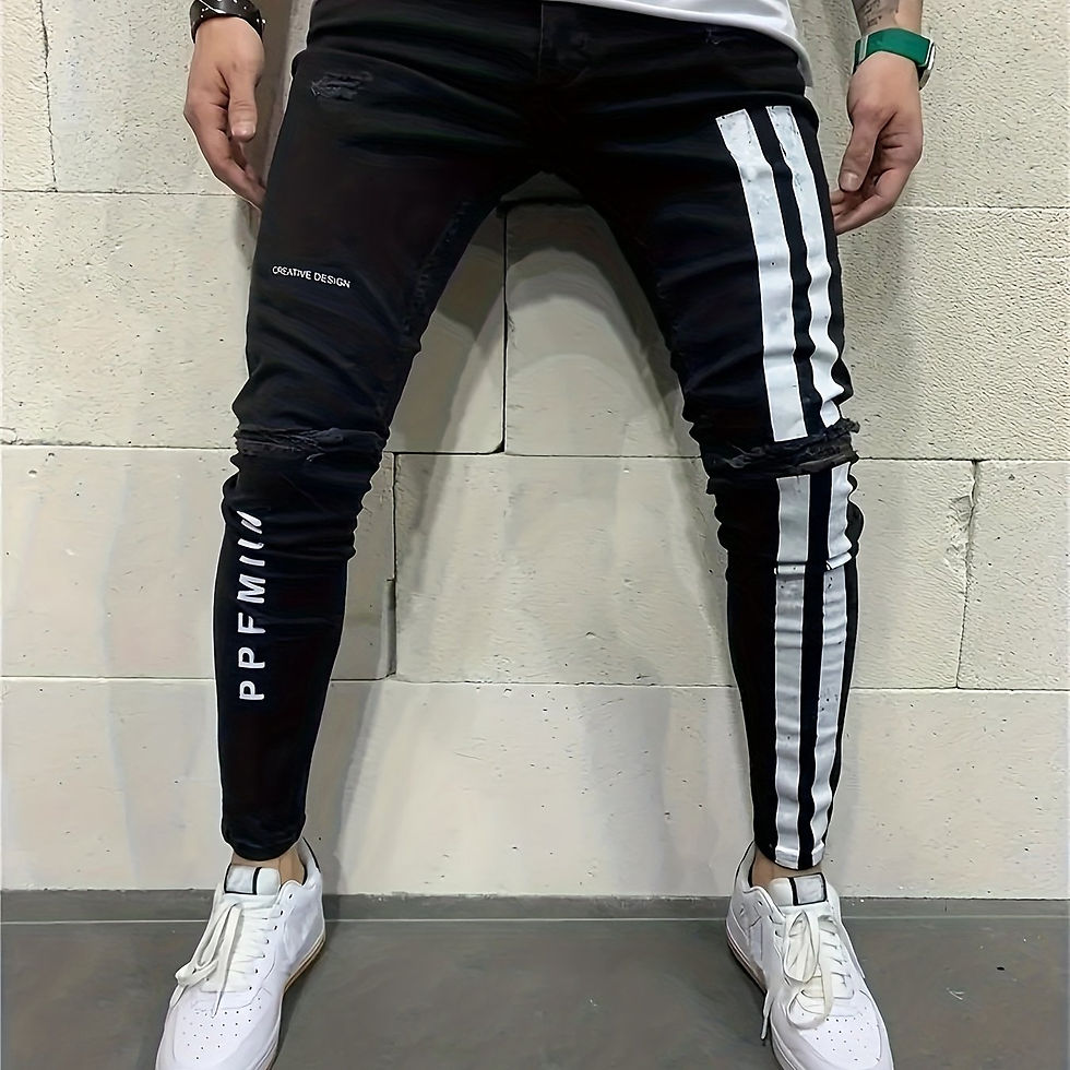 Cartoon Bear Pattern Slim Fit Jeans, Men's Casual Street Style Distressed Slight