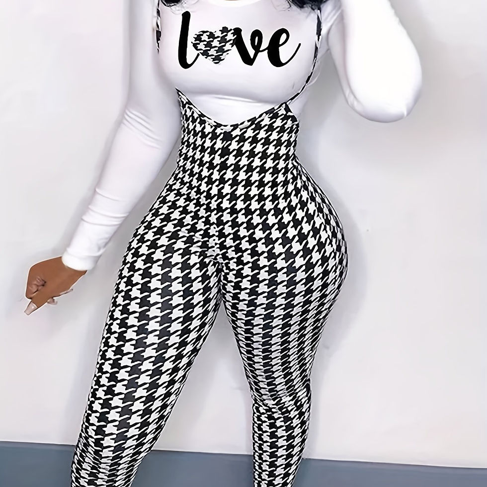 Thumbnail: two-piece Houndstooth Print Long Sleeve T-Shirt & Cami Jumpsuit Set, Women's Cas