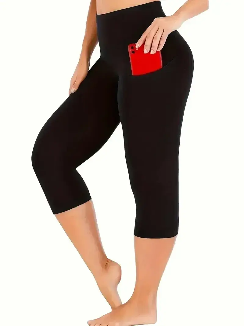 Thumbnail: Plus Size 1XL-5XL Women's Summer Solid Color Pockets Slim High Waist Versatile P