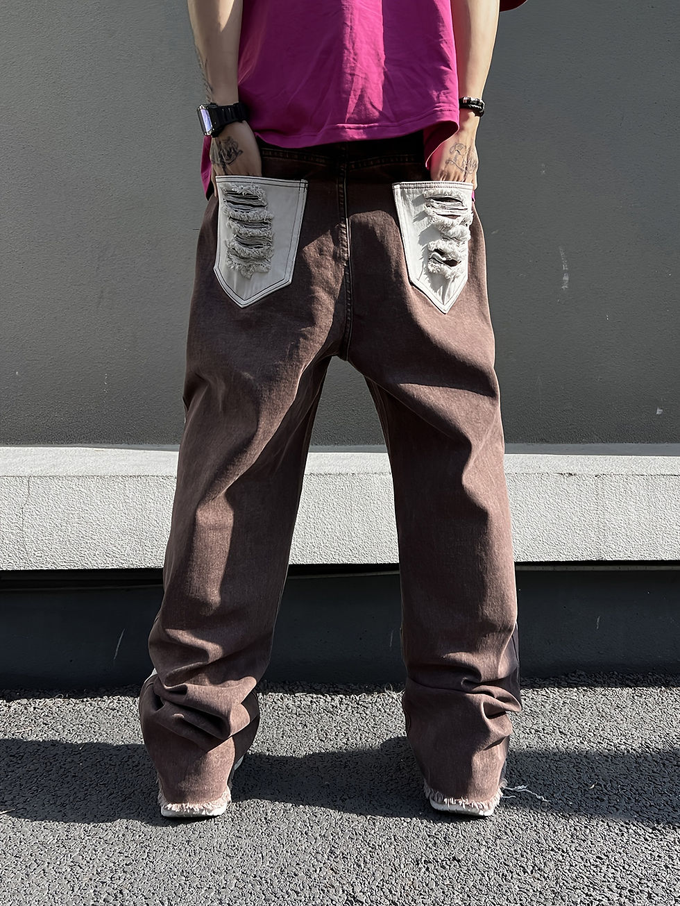 Thumbnail: Mens Ripped Street Style Jeans - Bold Color Block, Loose & Baggy Fit - Durable C
