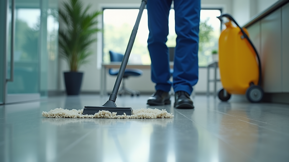 Close-up view of janitorial staff cleaning office floor with professional equipment