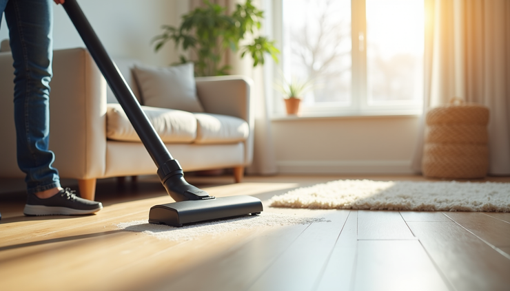 Eye-level view of a living room being deep cleaned with vacuum and dusting tools