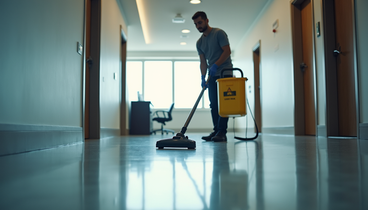 Eye-level view of a janitor vacuuming a clean office floor