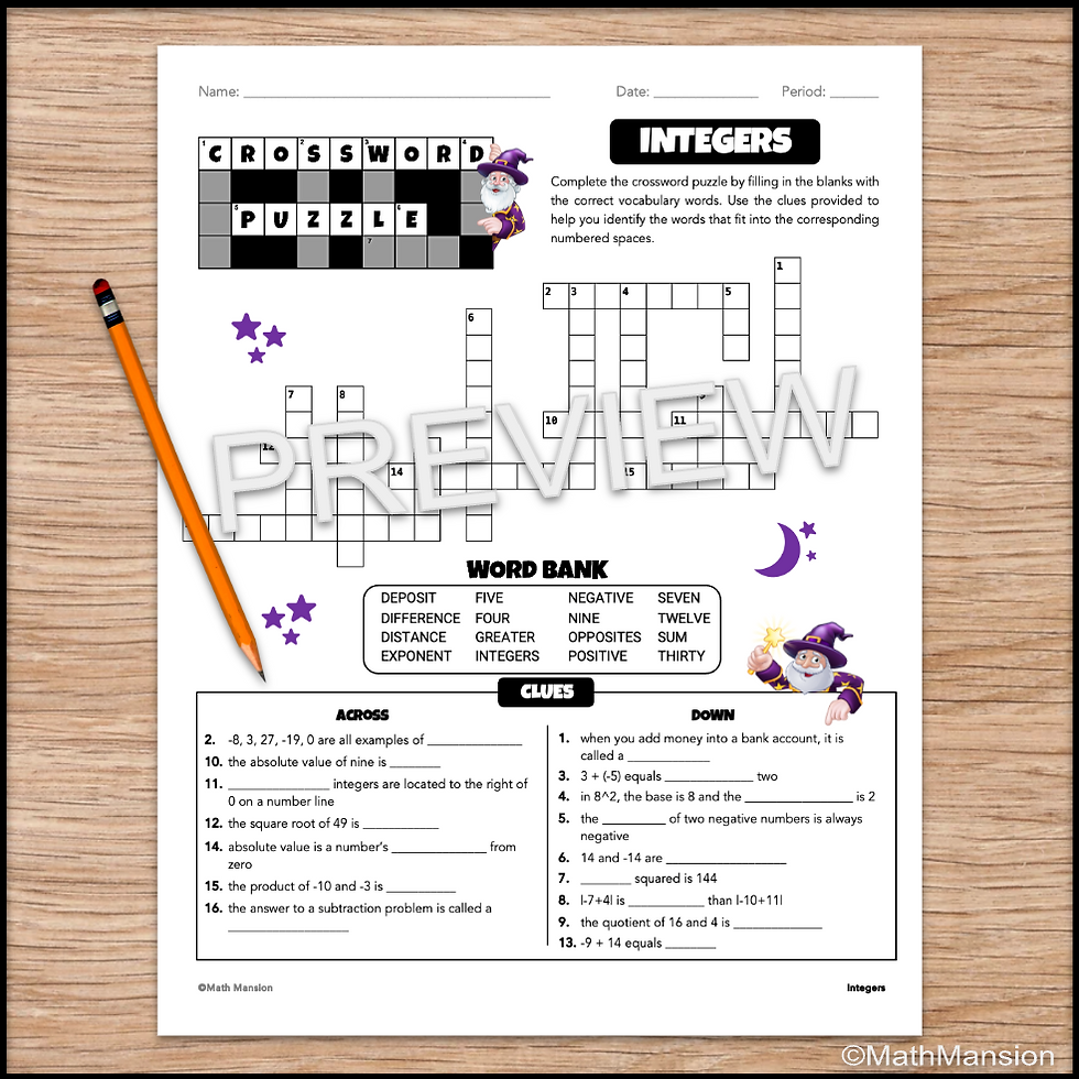 Integers vocabulary crossword puzzle worksheet wih word bank
