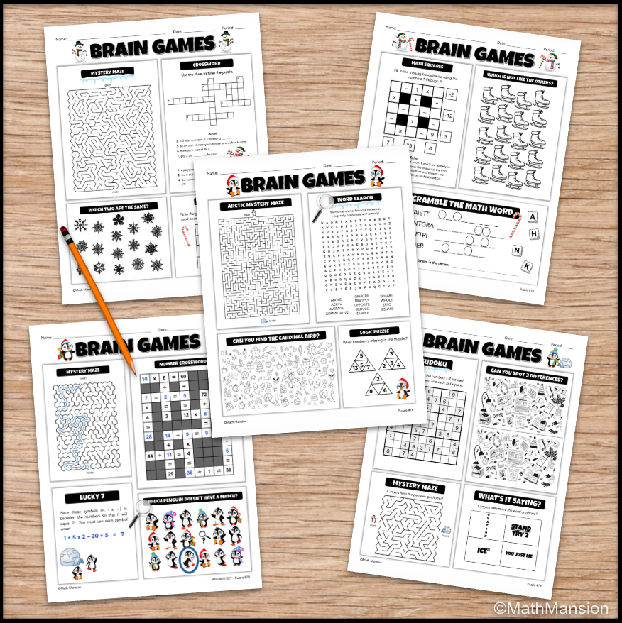 December Holiday Brain Games Puzzle Pack worksheets on wood table.
