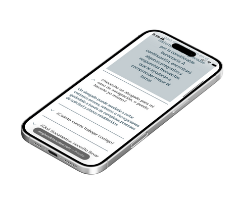 Smartphone showing Deutsch-Blanco Law immigration FAQ in Spanish.