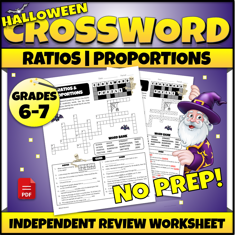 Halloween Ratios & Proportions crossword worksheet for grades 6-7.