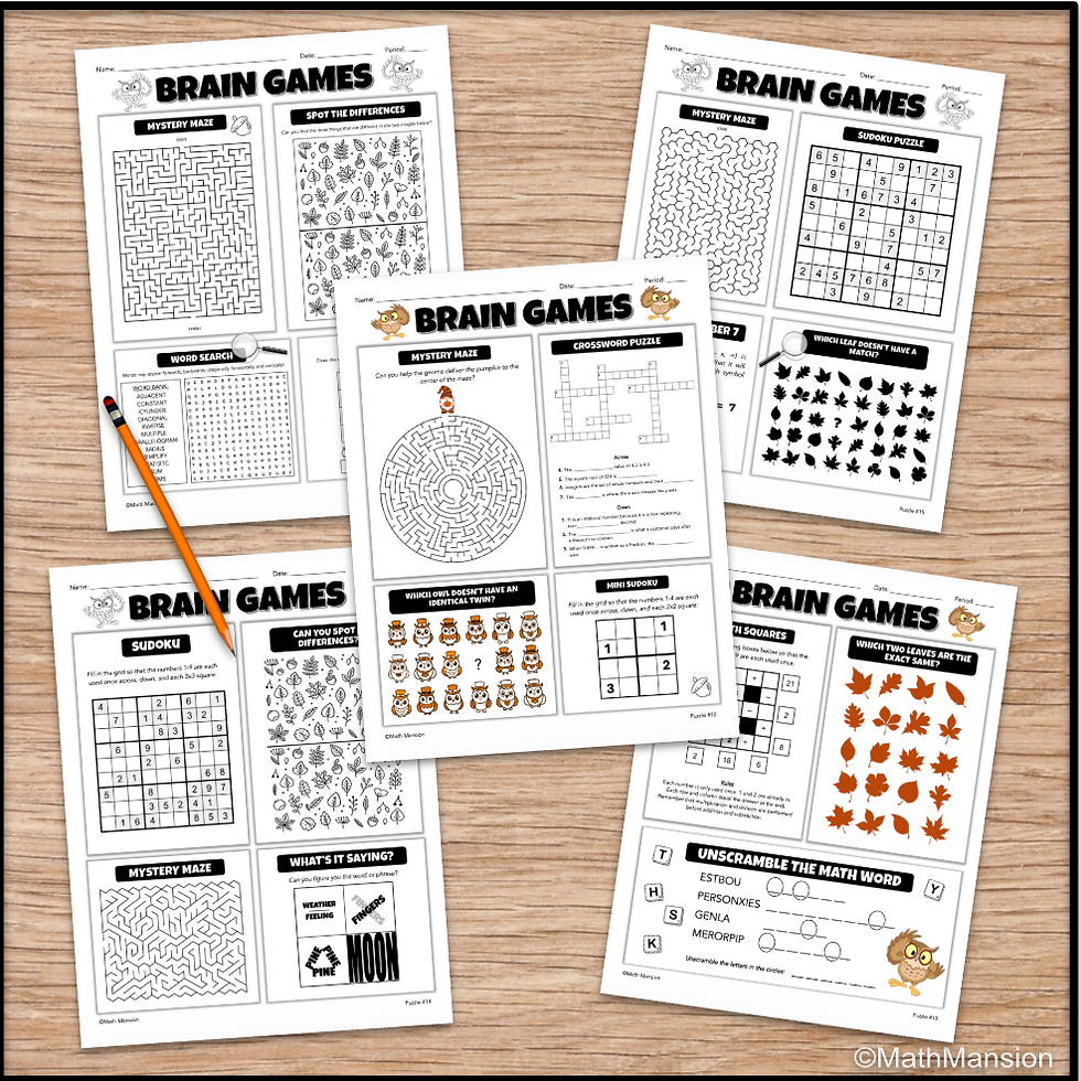 November Thanksgiving Brain Games Puzzle Pack worksheets
