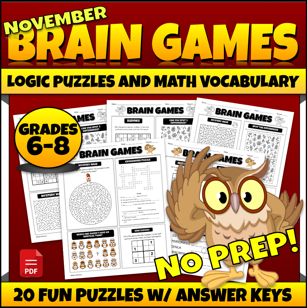 November Brain Games: Logic and Math Puzzles for Grades 6-8