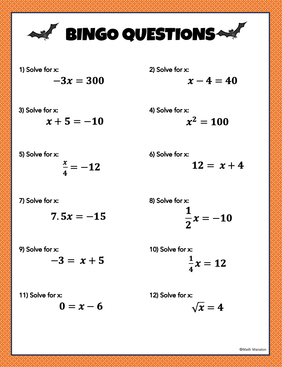 Thumbnail: Solving 1-step Equations Bingo Review Game