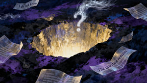 Composição abstrata filosófica em tons de índigo, roxo e preto com luz dourada e prateada. No centro, um vazio luminoso e texturizado representando o abismo do não-saber. Ao redor, camadas translúcidas de consciência, fragmentos de pensamento e formas semelhantes a respiração flutuam em semi-transparência. Um ponto de interrogação dissolve-se em vento e páginas de texto borradas mesclam-se, sugerindo a habitação do mistério em vez de sua resolução. A obra evoca a fenomenologia do não-saber como condição ontológica permanente, capturando o peso, textura e densidade da pergunta abissal que não pode ser respondida sem deixar de ser ela mesma.