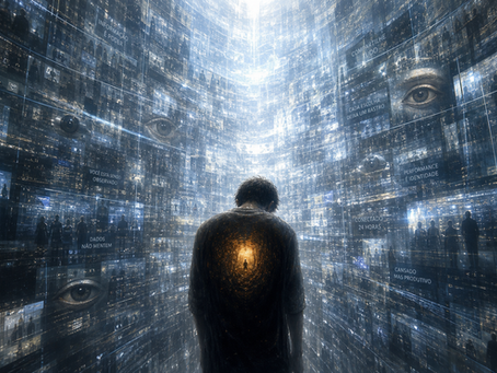 Imagem conceitual em tons de azul e brilho digital mostra uma pessoa de costas diante de uma estrutura curva formada por telas interconectadas. Olhos, silhuetas humanas e mensagens sobre vigilância e comportamento digital aparecem nas telas. Um portal luminoso no centro das costas revela uma pequena silhueta em um túnel, simbolizando a busca interior e o não-saber em meio à sobrecarga tecnológica.
