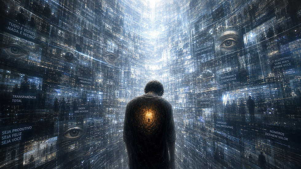Imagem conceitual em tons de azul e brilho digital mostra uma pessoa de costas diante de uma estrutura curva formada por telas interconectadas. Olhos, silhuetas humanas e mensagens sobre vigilância e comportamento digital aparecem nas telas. Um portal luminoso no centro das costas revela uma pequena silhueta em um túnel, simbolizando a busca interior e o não-saber em meio à sobrecarga tecnológica.