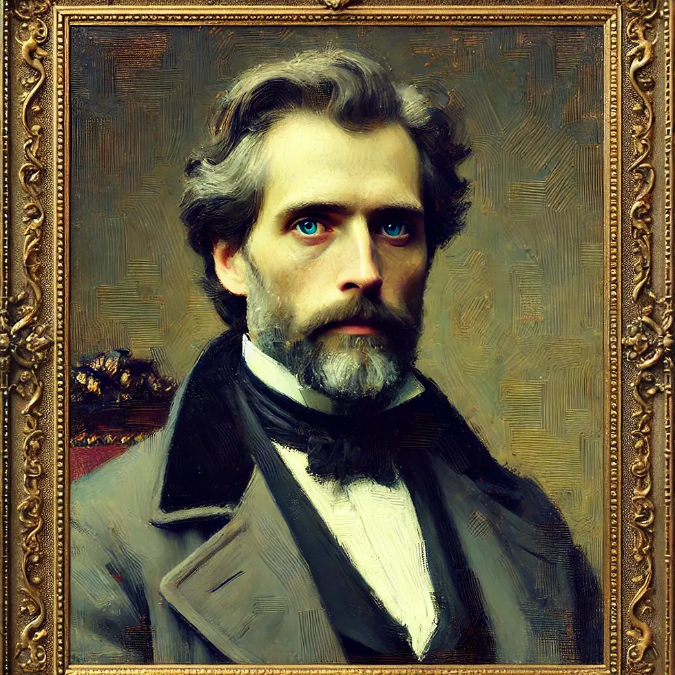 Portrait of a distinguished 19th-century gentleman, executed in AI-generated oil painting style, visible algorithmic brushstrokes, soft color palette, classical frame.