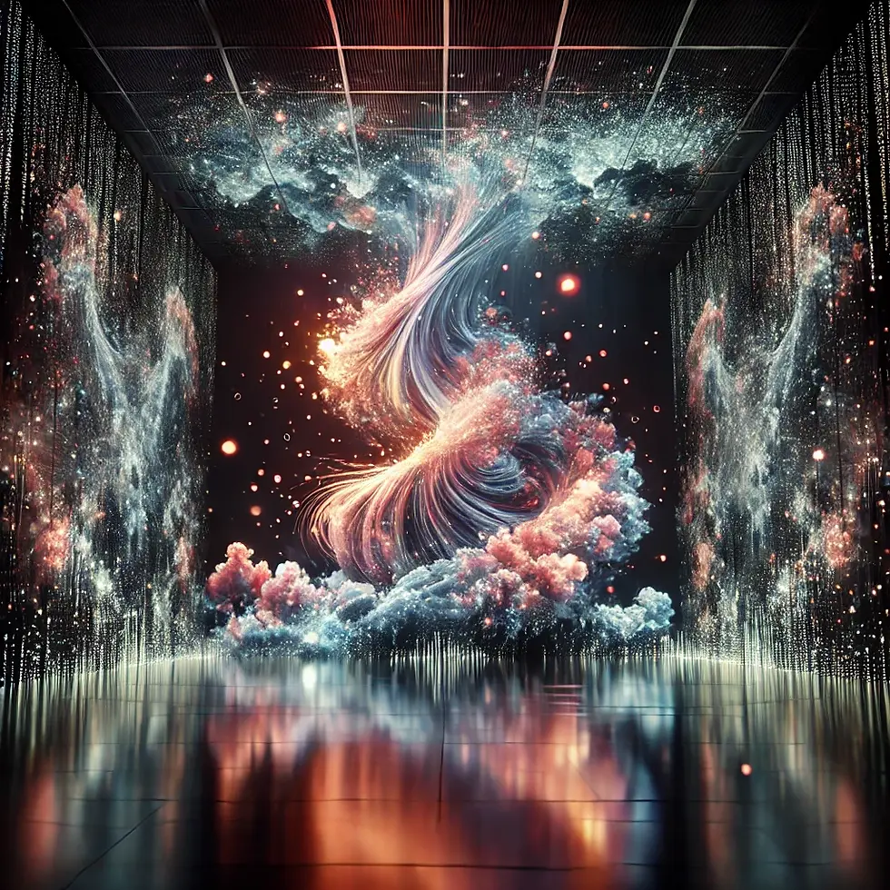 Immersive data visualization art installation, swirling particles responding to music, cloud-like luminous shapes, dark gallery setting.
