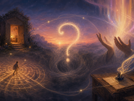 lustração conceitual em pintura ao entardecer: um grande ponto de interrogação luminoso no centro se dissolve em névoa, cercado por quatro gestos simbólicos — uma casa com a porta aberta (habitar), um labirinto de luz no chão (jogar), mãos abertas erguidas para uma aurora (rezar) e uma escrivaninha com tinta que se desfaz em traços de luz (escrever). Paleta em índigo, violeta e âmbar, atmosfera meditativa e poética.