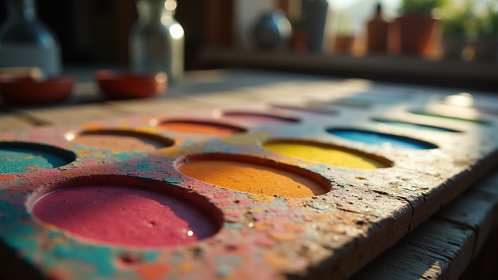 Close-up view of an artist's palette with vibrant colors
