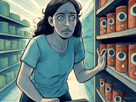 The image depicts a woman in a supermarket, her expression tense and anxious. She pushes a shopping cart while facing shelves full of coffee cans that seem to watch her. The environment is lit by bright fluorescent lights, and the contrast between her agitated appearance and the intense gaze of the products creates a sense of discomfort and claustrophobia.