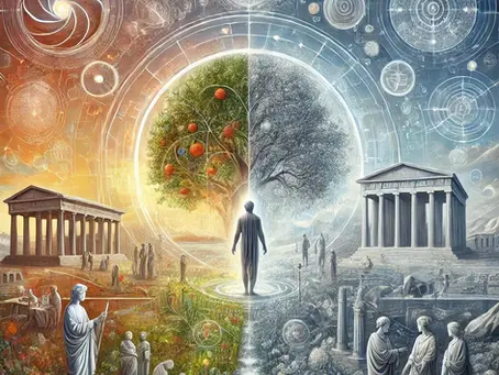 No centro, há uma figura humana em pé, transmitindo serenidade e equilíbrio. A pessoa está situada em um cenário natural tranquilo, com árvores e uma luz suave que ilumina o ambiente. Ao redor da figura, aparecem representações simbólicas das virtudes, como coragem, justiça e temperança, manifestadas de forma abstrata, através de formas e cores que se entrelaçam de maneira harmoniosa. Ao fundo, vê-se uma cidade grega clássica, com pessoas envolvidas em diálogos, representando a importância da interação social e da justiça relacional.