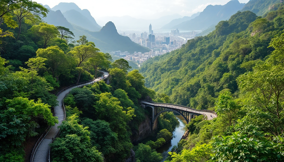Uma floresta com caminhos pavimentados discretos elegantemente integrada, mostrando a coexistência entre o verde denso e a cidade ao fundo.
