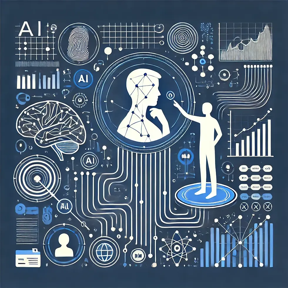 Vector infographic of an AI algorithm in operation, human silhouette interacting with data streams, network nodes, minimalist style, blue and white color scheme