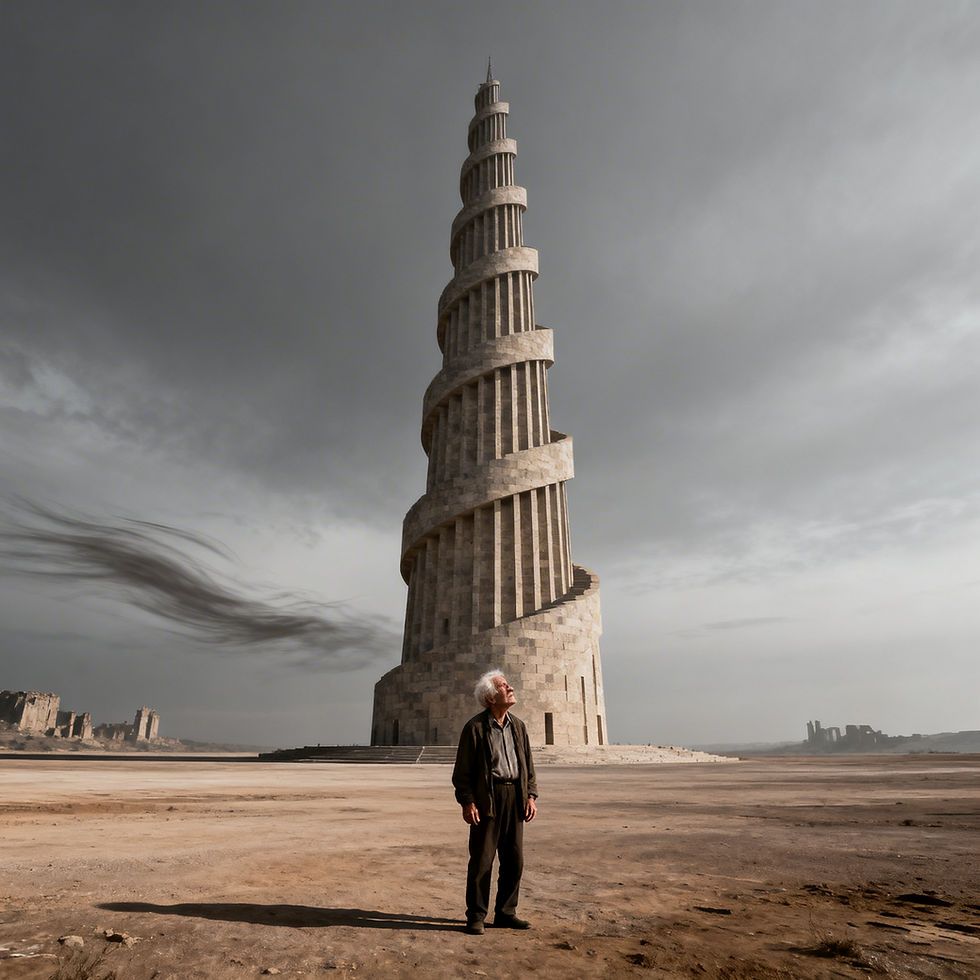 "Arquiteto idoso, com expressão cansada e contemplativa, de pé aos pés de uma torre monumental de pedra em espiral perfeita, erguendo-se contra céu cinzento em planalto árido e ventoso. Tons desaturados, sombras dramáticas e escala épica transmitem vazio ontológico, isolamento existencial e tensão entre ambição humana e indiferença da natureza.