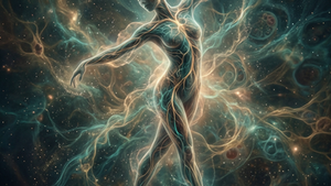 Ilustração surrealista e etérea de uma figura humana translúcida em uma pose fluida e contemplativa. O corpo não possui traços definidos, mas é preenchido por caminhos luminosos de luz dourada que percorrem todo o sistema nervoso e membros, sugerindo uma inteligência intrínseca à carne. A figura parece se dissolver suavemente em um fundo cósmico de tons azul-petróleo e âmbar, com partículas de luz ao redor. A composição evoca a ideia de um saber corporal que precede a consciência racional, destacando a conexão entre o ser e o mundo através da percepção física.