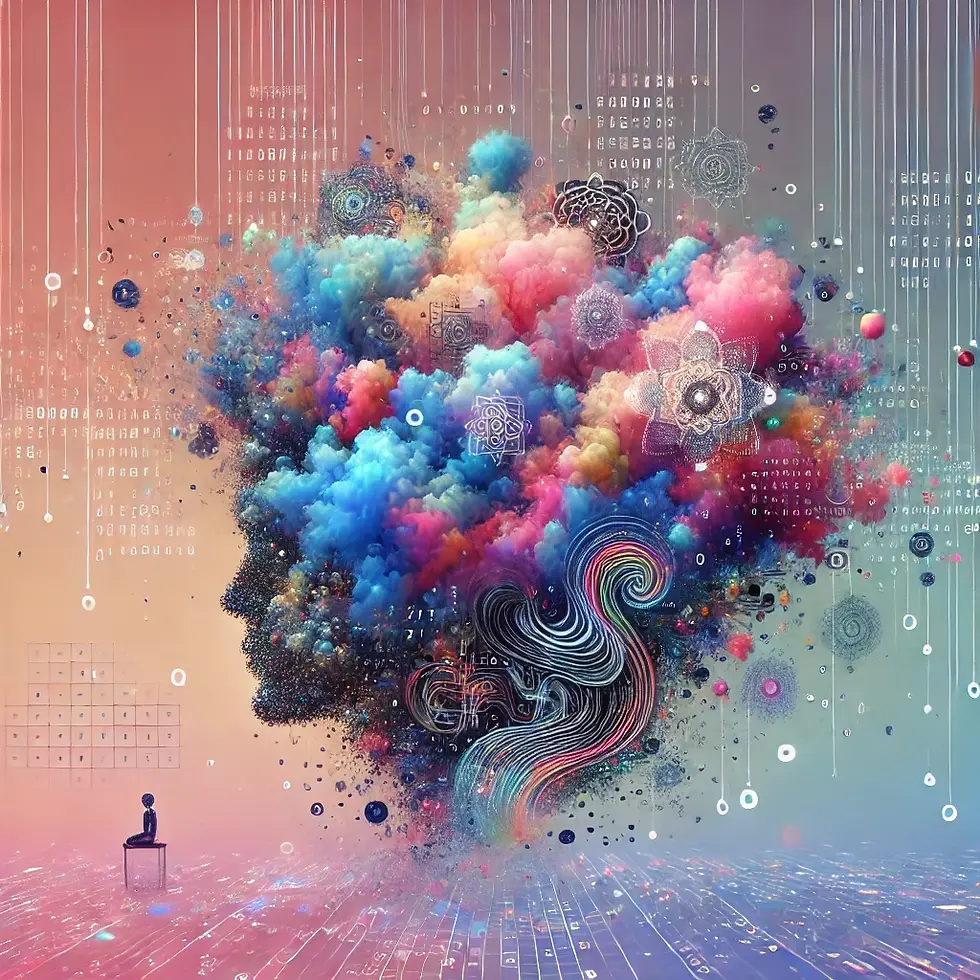 Surreal visual of AI poetry, floating verses in glowing typography, ink splatters merging into digital code, pastel gradient background.