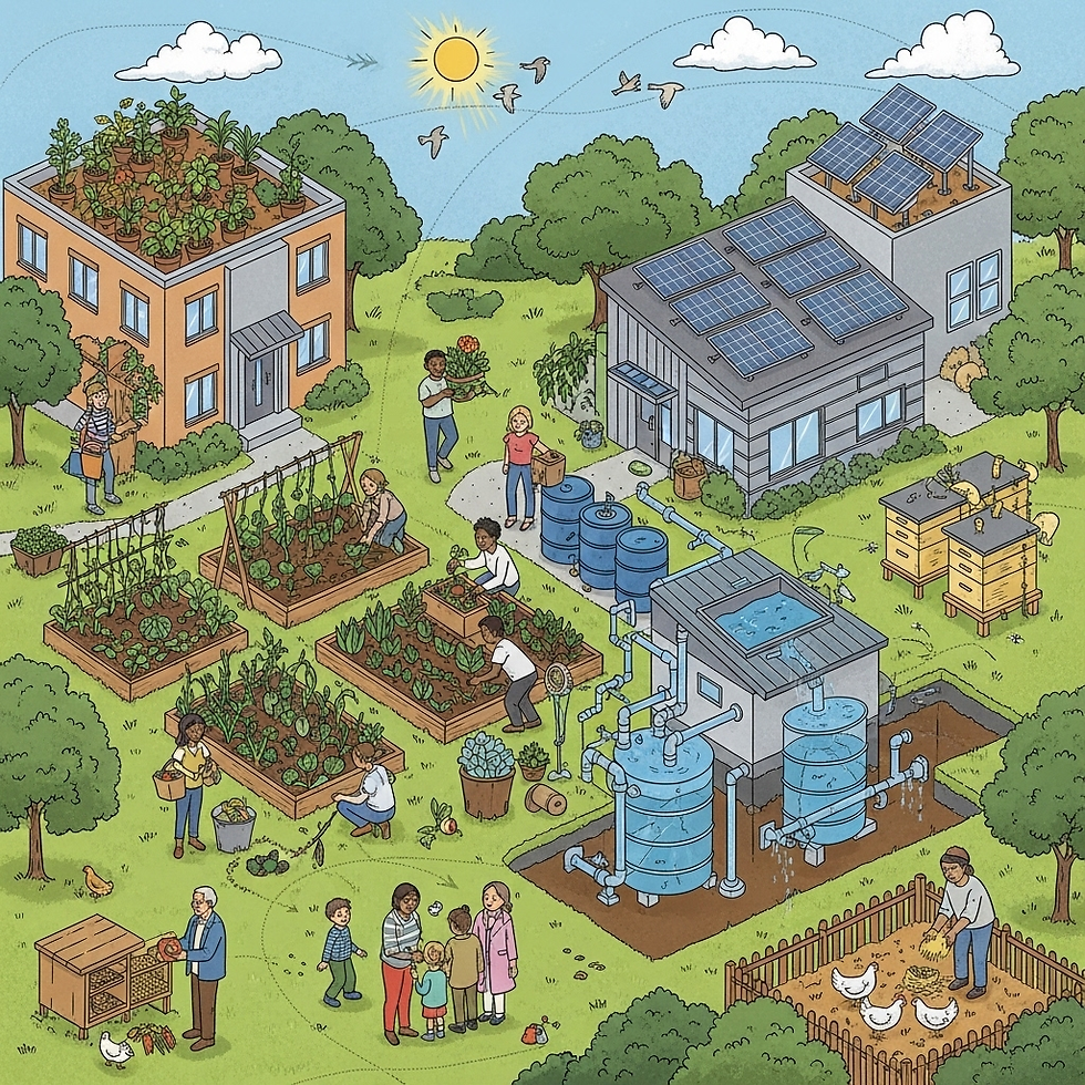 Um diagrama mostrando um ecossistema urbano com diferentes componentes interligados: jardins comunitários, um sistema de captação de água da chuva, painéis solares, um centro comunitário, pessoas ajudando umas às outras e cuidando de animais ou plantas, formando uma rede de apoio e sustentabilidade.