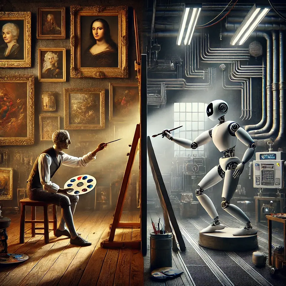 Surreal scene of a human painter handing a brush to a robot, studio divided between classical and futuristic, chiaroscuro lighting