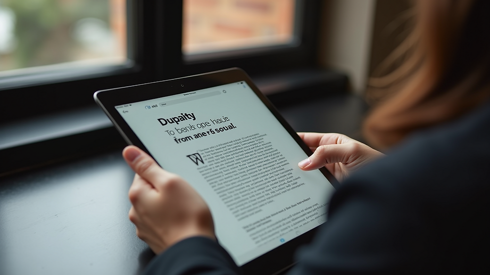 Close-up view of a person reading a quality blog post on a tablet