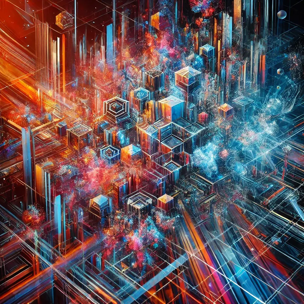 Futuristic digital painting, vibrant abstract shapes, crystalline structures, algorithmic patterns, dynamic composition, high color contrast.