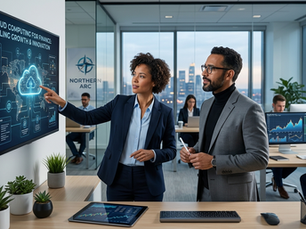A professional, modern office environment where a woman and a man in business attire are standing in front of a large digital wall display. The woman is pointing to a glowing blue cloud icon on a world map titled "CLOUD COMPUTING FOR FINANCE: SCALING GROWTH & INNOVATION." In the background, other employees work at desks with financial charts on their monitors, and a glass wall features a logo that reads "NORTHERN ARC FINANCE" under a compass symbol. Sky-scrapers are visible through the windows at dusk.
