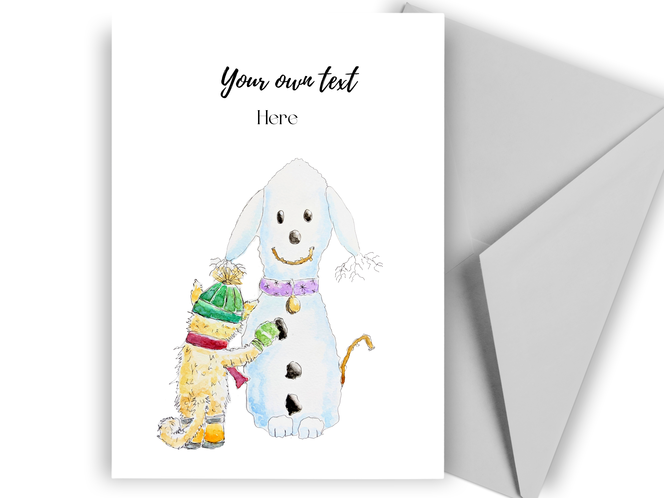 a ginger cat wearing a hat and scarf building a snowman in the shape of a dog