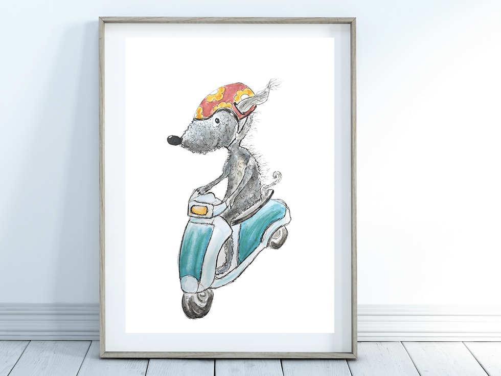 Thumbnail: bedlington terrier dog, sitting on a blue, green moped, with a red helmet and yellow flowers, as an A4 print