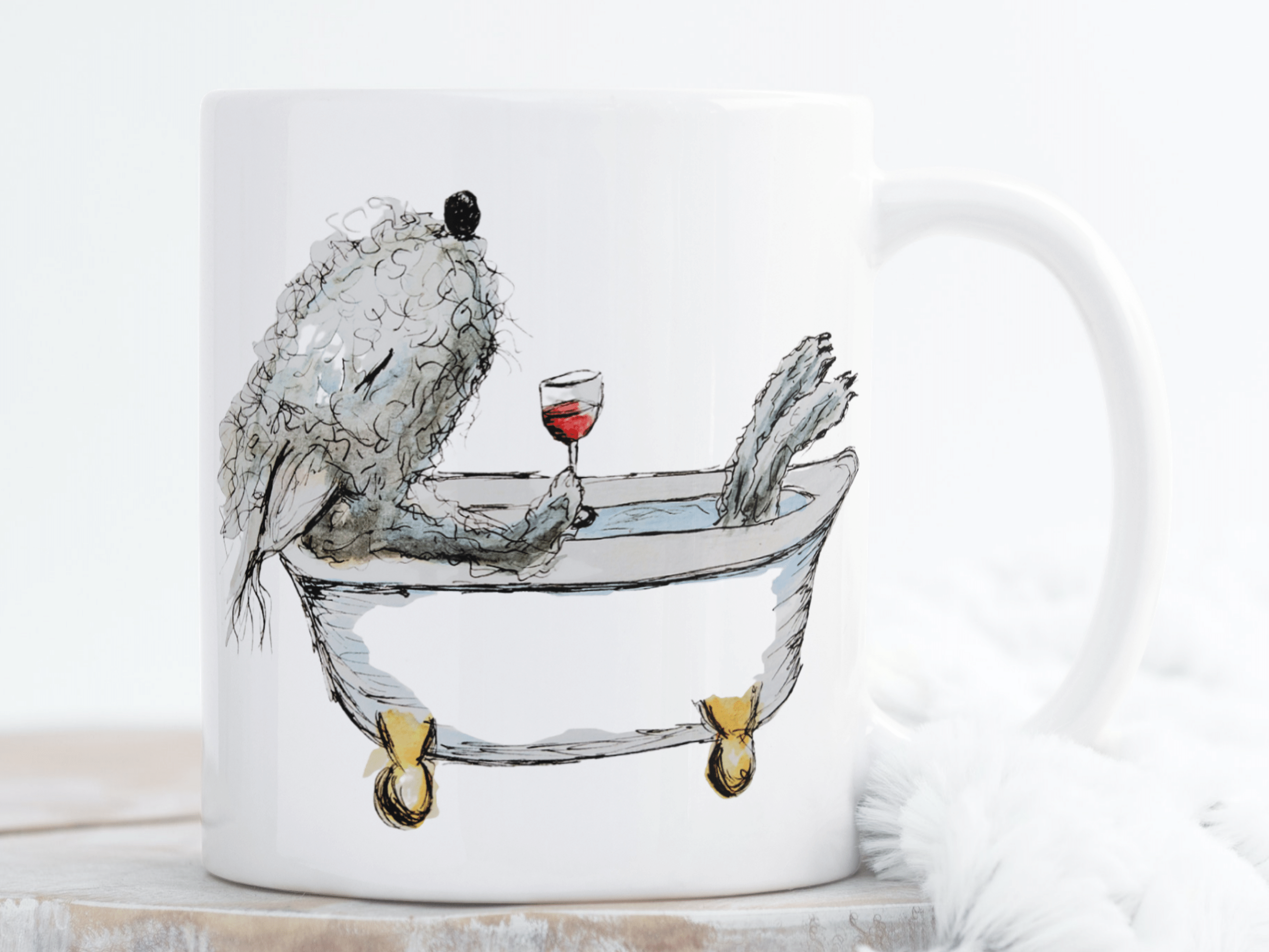 Bedlington terrier dog in the bath on a white mug, holding a glass of wine