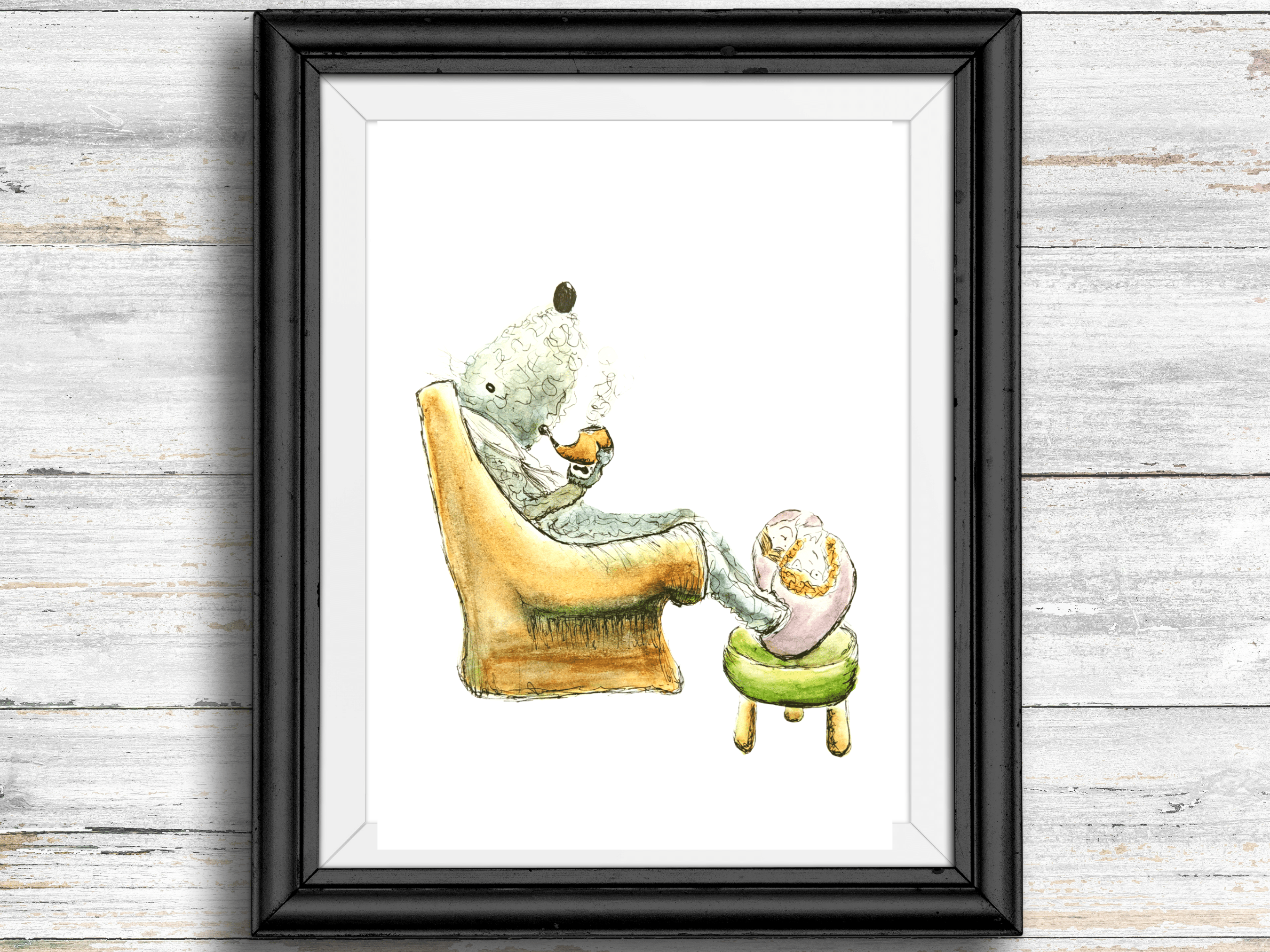 bedlington terrier dog, sitting in an armchair smoking a pipe, wearing pink fluffy slippers, A4 print