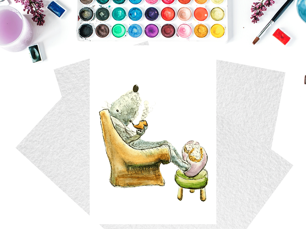 Thumbnail: bedlington terrier dog, sitting in an armchair smoking a pipe, wearing pink fluffy slippers, A4 print