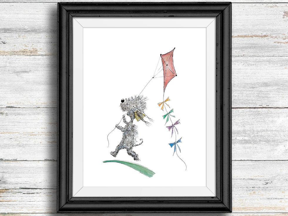 Thumbnail: A cute grey dog, running, and holding a red kite with bows