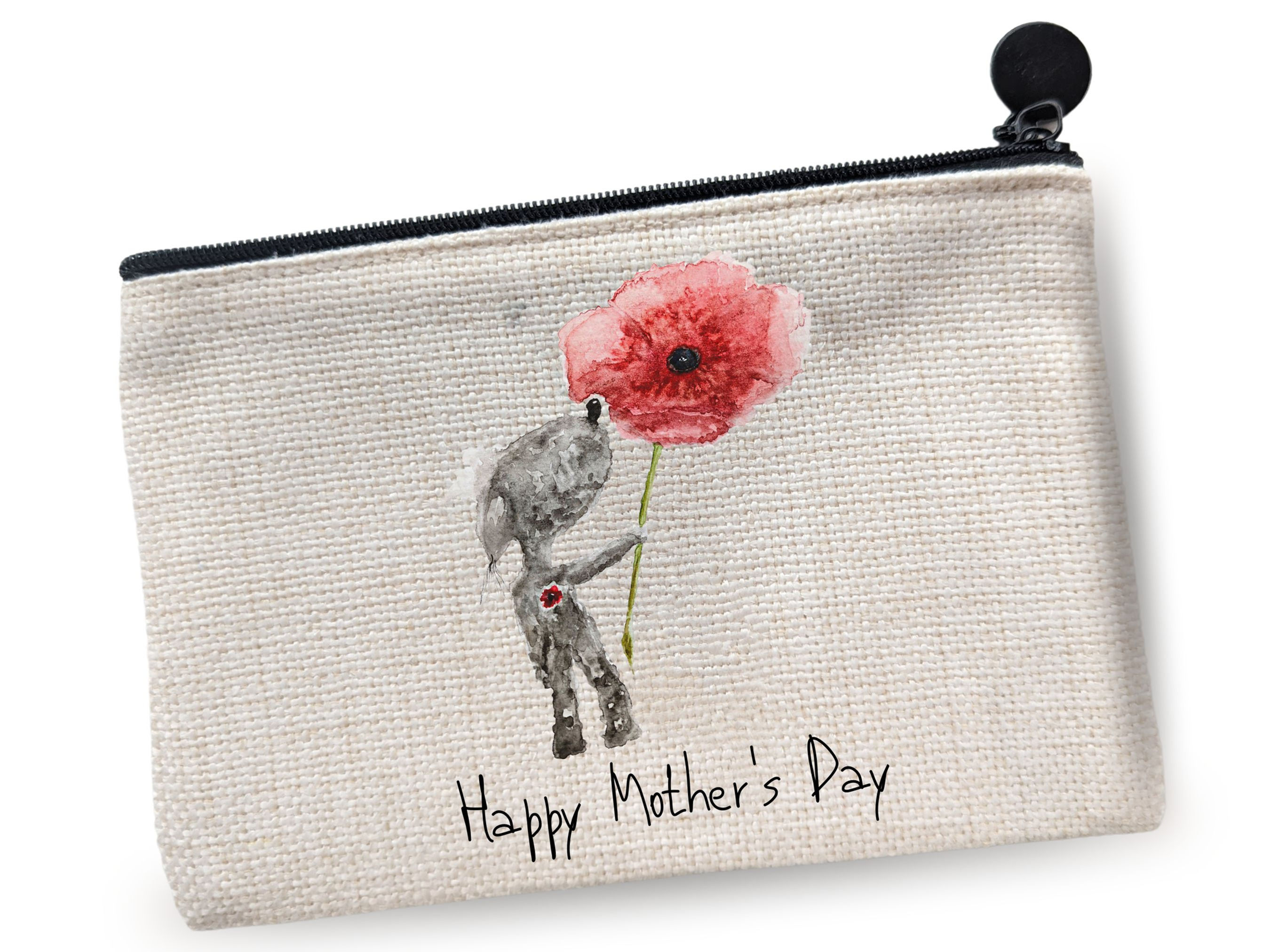 cream coin purse, dog holding a poppy with personalised text