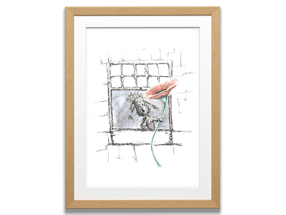 Thumbnail: grey dog reaching out of a window, holding a red poppy