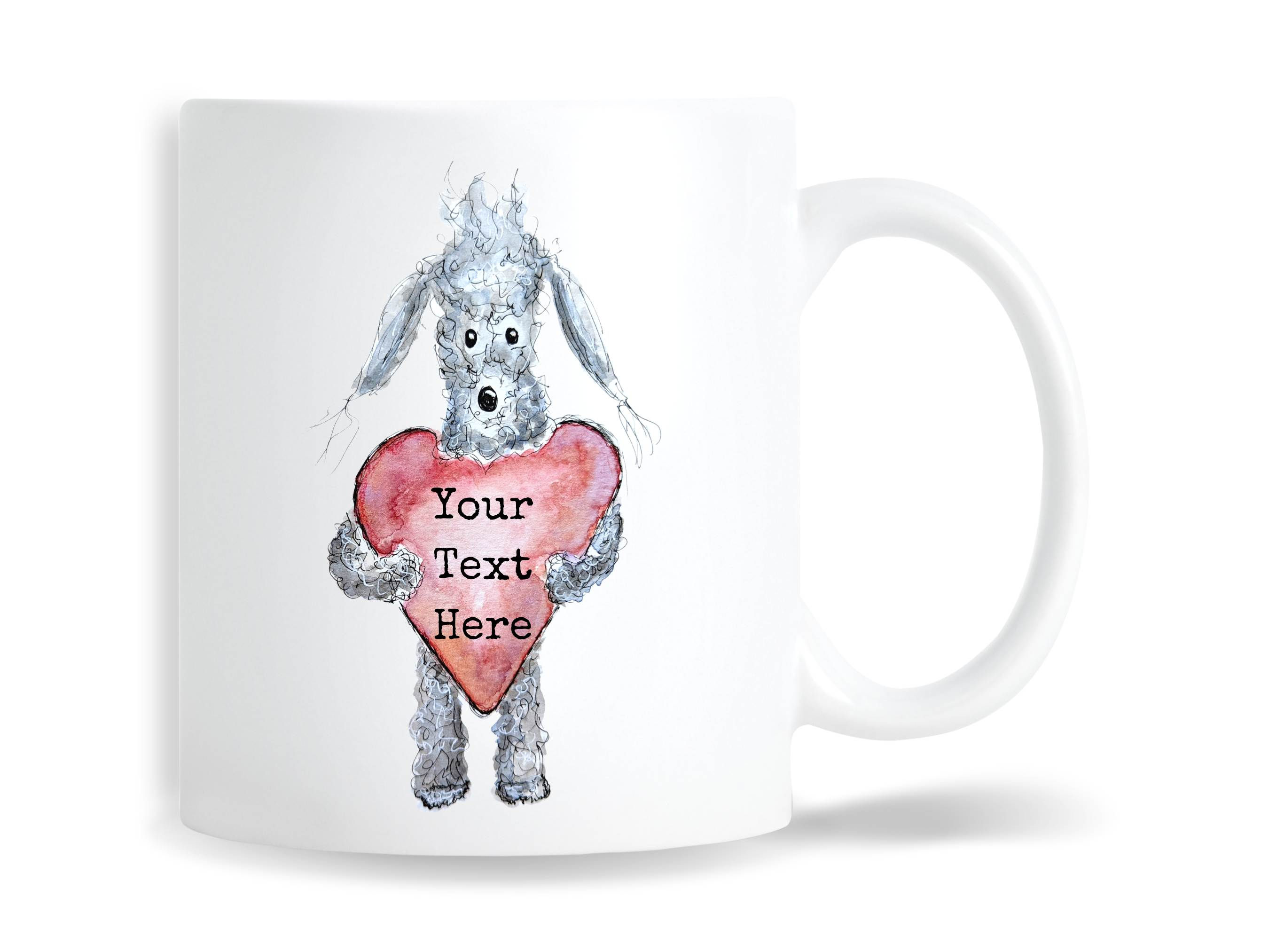 dog holding heart mug, personalised text