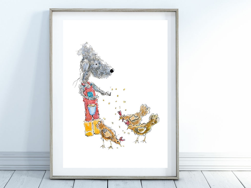 Thumbnail: showing a grey framed art print of a bedlington wearing red dungarees, orange boots, with 3 chickens being fed